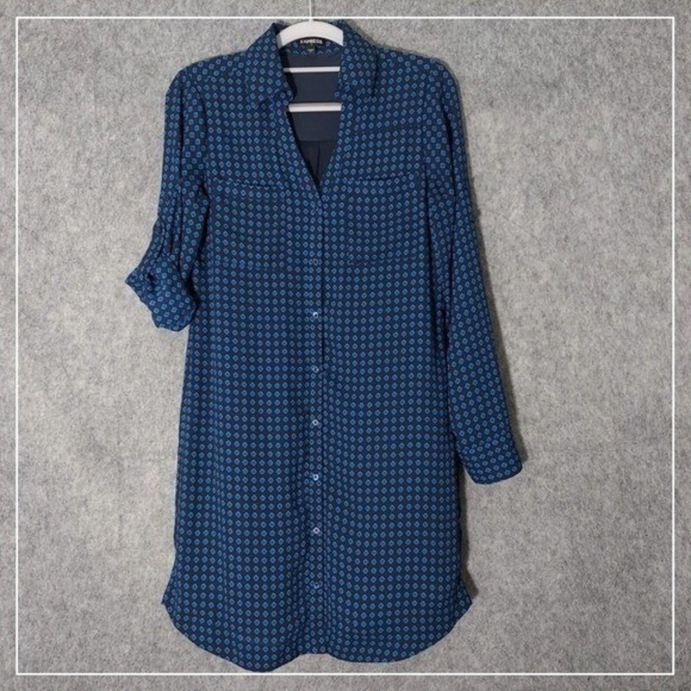 Express Shirt Dress Women XS Blue Button Front Long Roll Tab Sleeve Casual